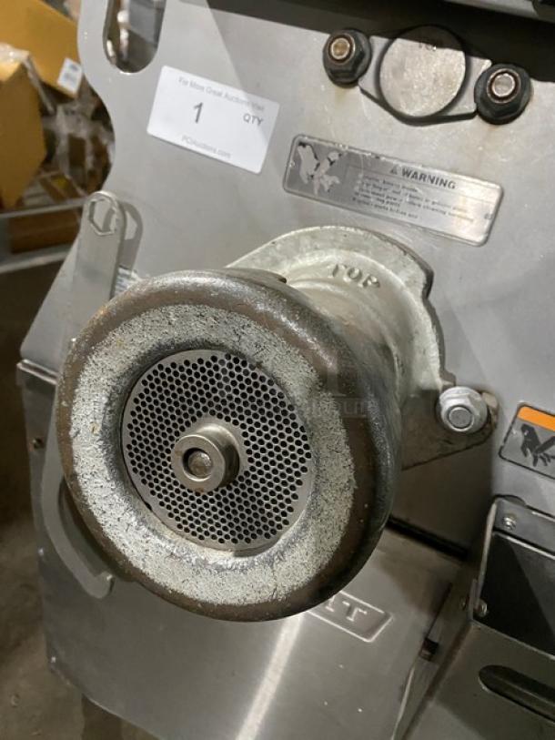 Hobart MG1532-1 meat mixer/grinder, #32, 150 lb capacity, electric, visible controls, mounted on casters, used condition.