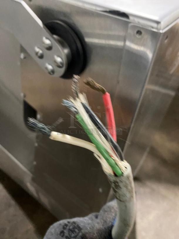 Hobart MG1532-1 meat mixer/grinder, showing frayed electrical wiring, on casters. 208V, 3 phase, 150 lb capacity.