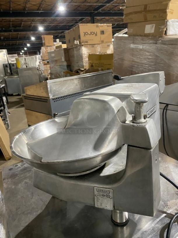 Hobart Model 84145 commercial countertop buffalo chopper with stainless steel 14" mixing bowl, 5 lb capacity, on legs.