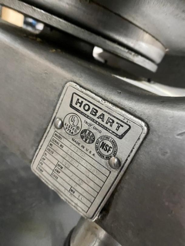 Hobart Commercial Electric Food Processor, Model 84145, with 5 lb. capacity, stainless steel 14" mixing bowl, and identification plate.