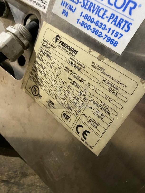 Taylor CH03-27 gelato machine label, showing model and serial number K80550906, power specs 208-230V, 1 phase, and certifications.