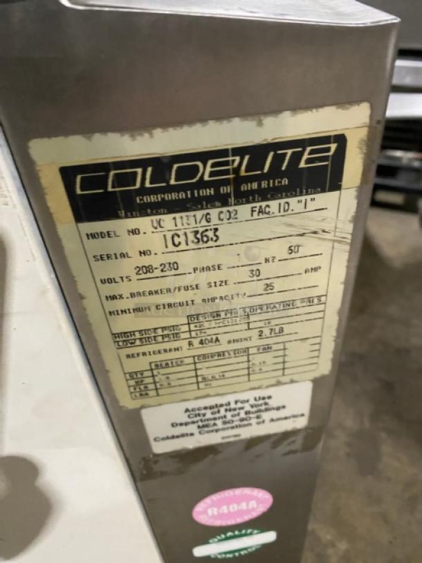 Coldelite UC1131G stainless steel twin/twist soft serve machine, model details, and specs label visible.