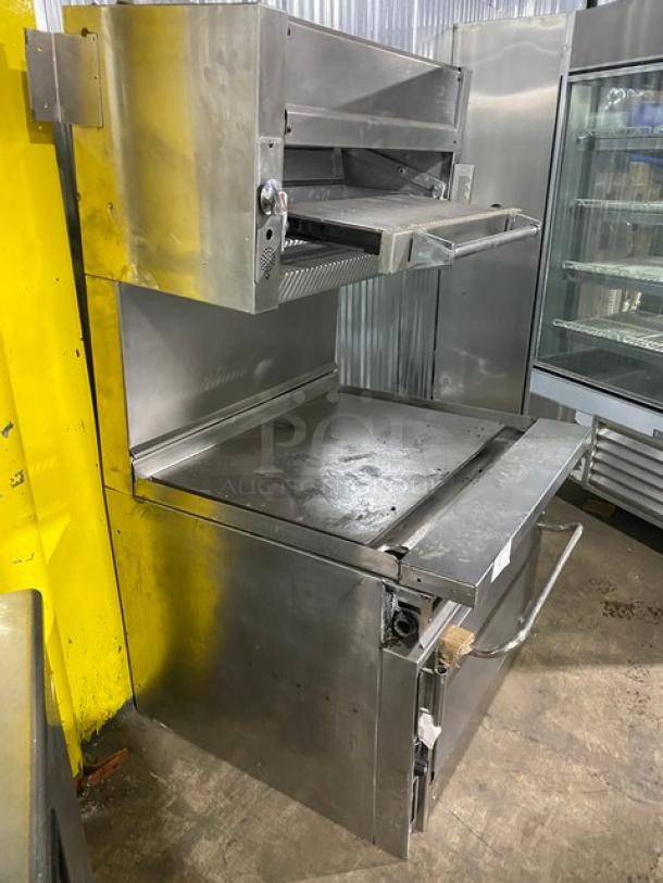 Jade Range commercial stainless steel gas range with plancha top, backsplash, overhead salamander, oven combo; used condition.