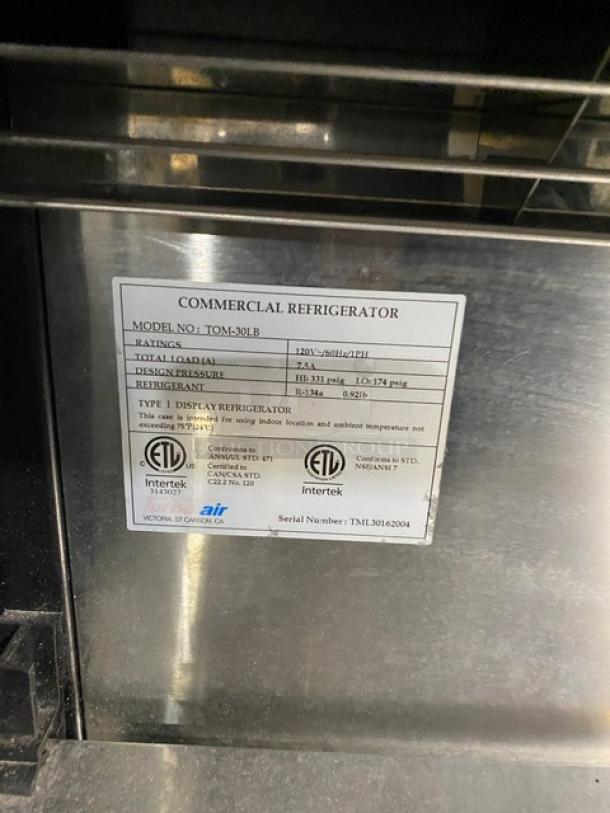 Turbo Air TOM-30LB commercial display case label showing model, serial number TML30162004, and specifications.