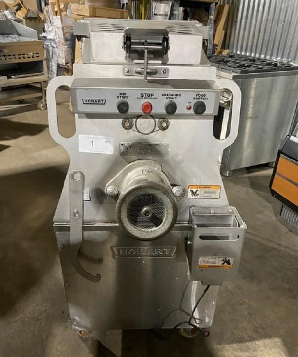 Hobart MG1532-1 commercial meat mixer/grinder, 150 lb. capacity, #32, with air-drive foot switch, 208V 3 phase, on casters.