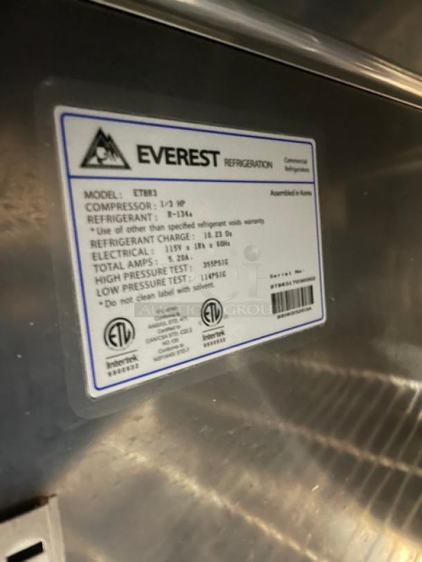 Everest ETBR3 stainless steel 3-door undercounter refrigerator label, detailing model, electrical, and refrigerant specs.