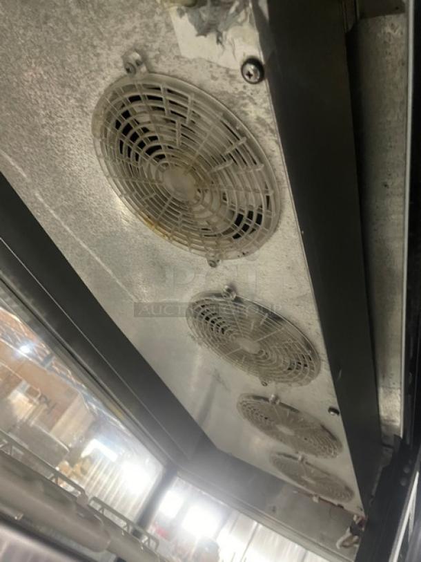 Leader refrigerated display case interior, showing cooling fans. Stainless steel material. Used condition.