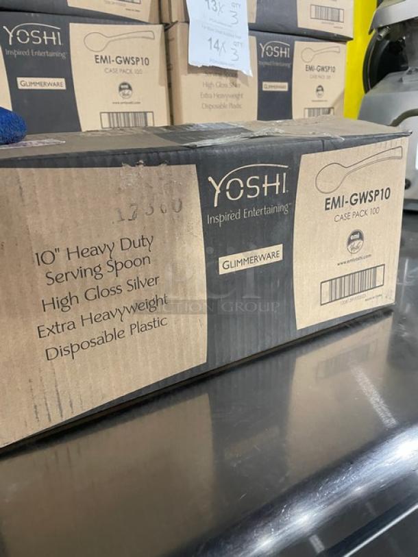 Yoshi Glimmerware Series EMI-GWSP10 high gloss silver 10" disposable serving spoons, 100 per case, new in box.