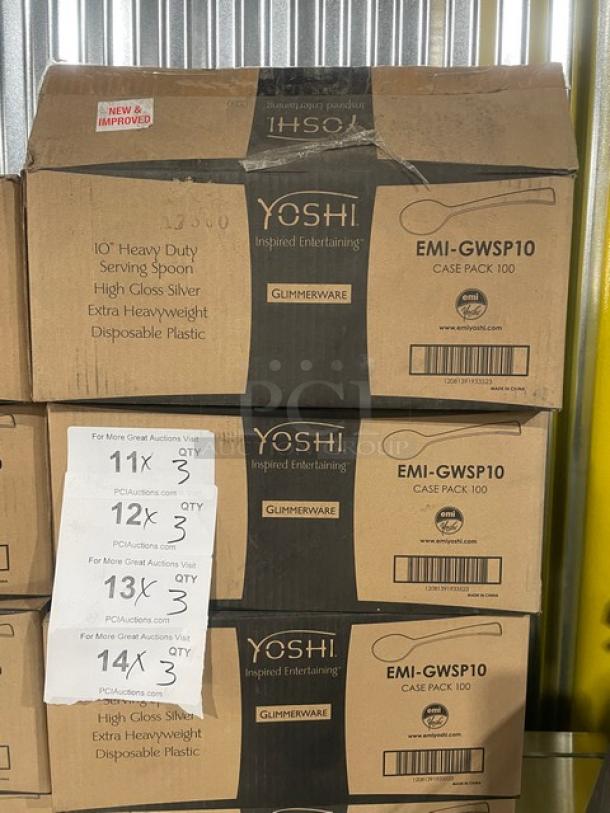 Boxes of Yoshi Glimmerware Series 10" high gloss silver heavy-duty disposable plastic serving spoons, Model EMI-GWSP10, 100 per case.