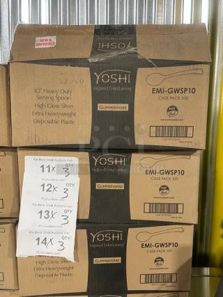 Boxes of Yoshi Glimmerware Series 10" high gloss silver heavy-duty disposable plastic serving spoons, Model EMI-GWSP10, 100 per case.