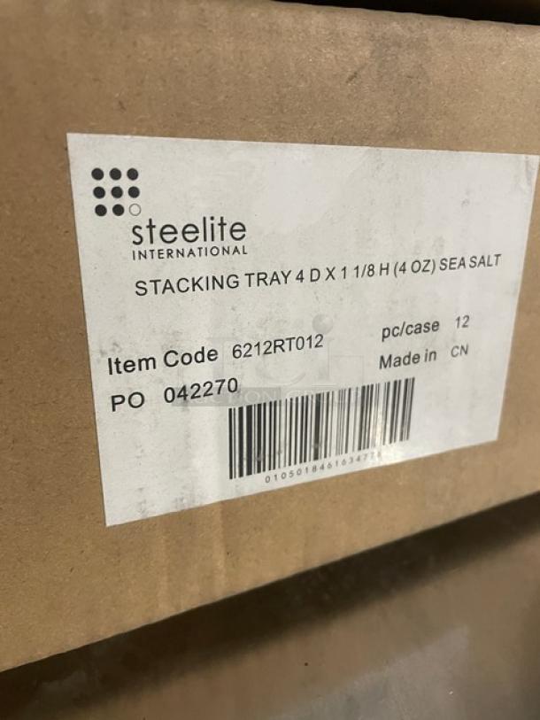 Steelite International Maham Spice Collection stacking tray box label, item code 6212RT012, 4" diameter, 1-1/8" deep, 12 per case.