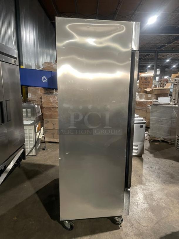 True Commercial Stainless Steel 2-Door Freezer, Model T-49F, Energy Star Certified, on casters, with poly-coated wire racks.