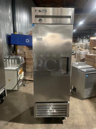 True T-23F Commercial Stainless Steel Single Door Reach-In Freezer, Energy Star Certified, on casters, poly coated rack.