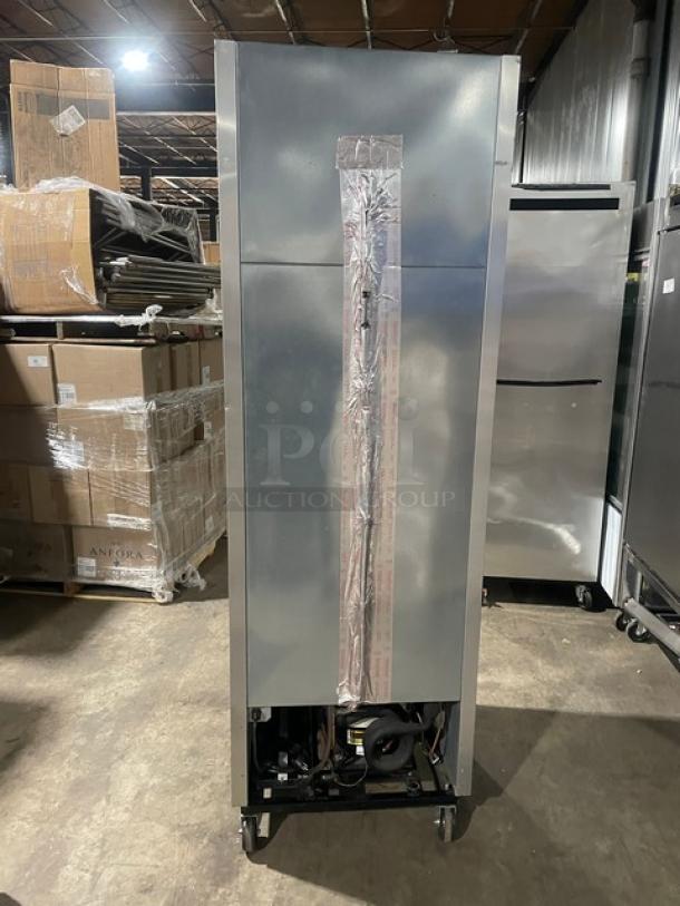 True T-23F commercial stainless steel single door reach-in freezer, Energy Star certified, with poly coated wired rack, on casters.