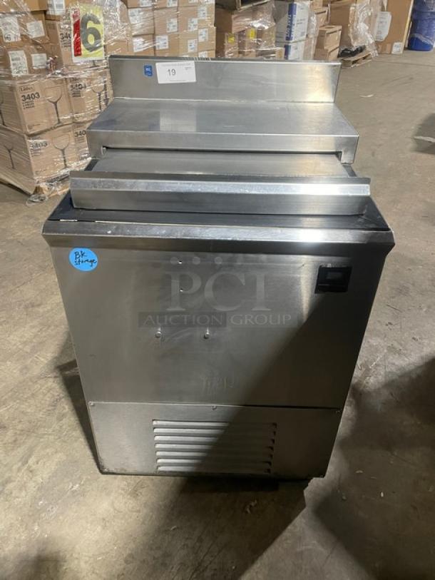 Commercial stainless steel bottle/glass chiller in good condition, with front ventilation and blue storage sticker, ideal for bars.