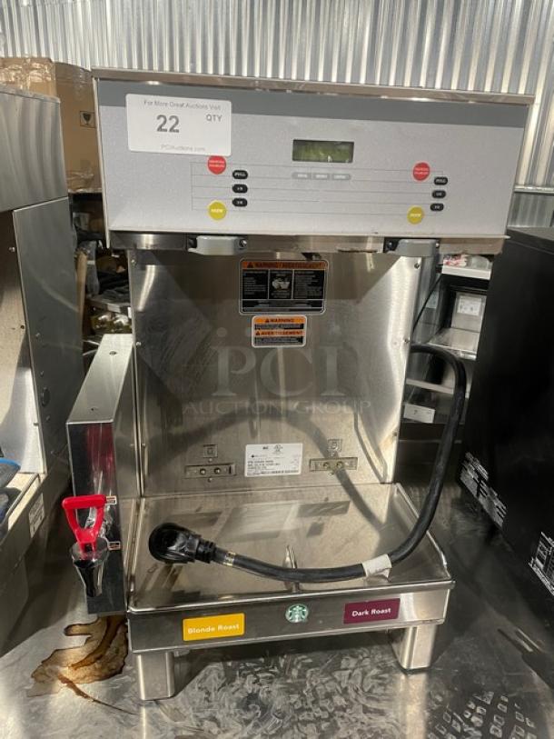 Bunn Dual Coffee Brewer DUALSHDBC, stainless steel, countertop model, 120/208V, 1-phase, labels for roast types.