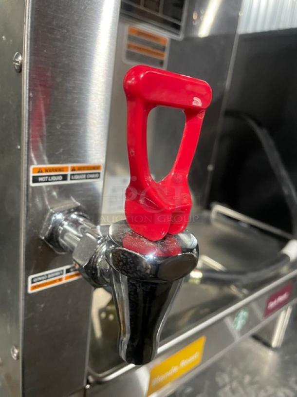 Bunn DualSHDBC commercial stainless steel coffee brewer, dual spouts, red handle, model DUALSHDBC, 120/208V, 1 phase.