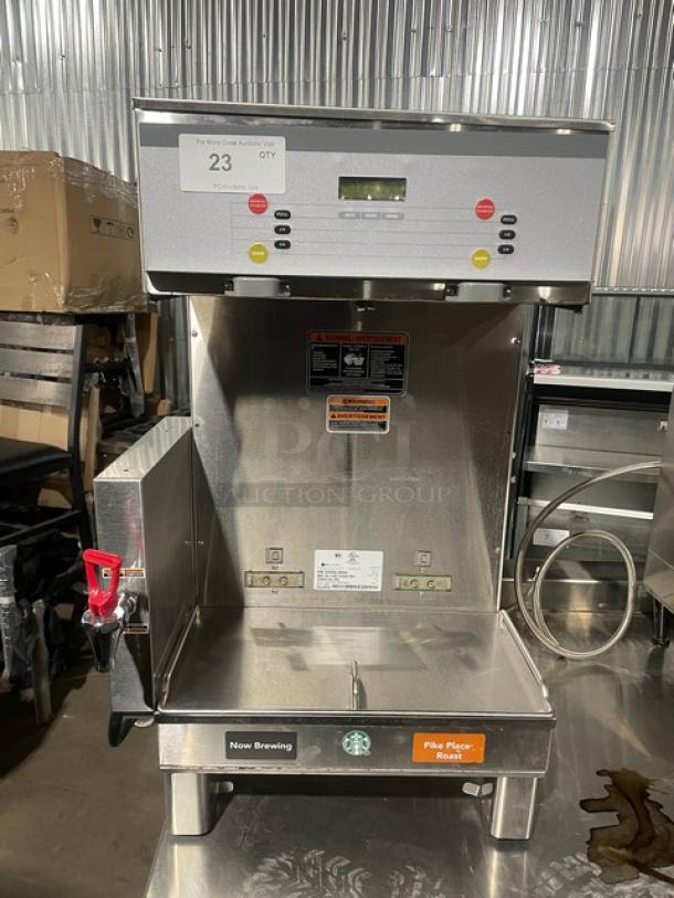 Bunn DUALSHDBC stainless steel dual coffee brewer, serial DUAL209451, 120/208V, 1 phase; countertop model in good condition.