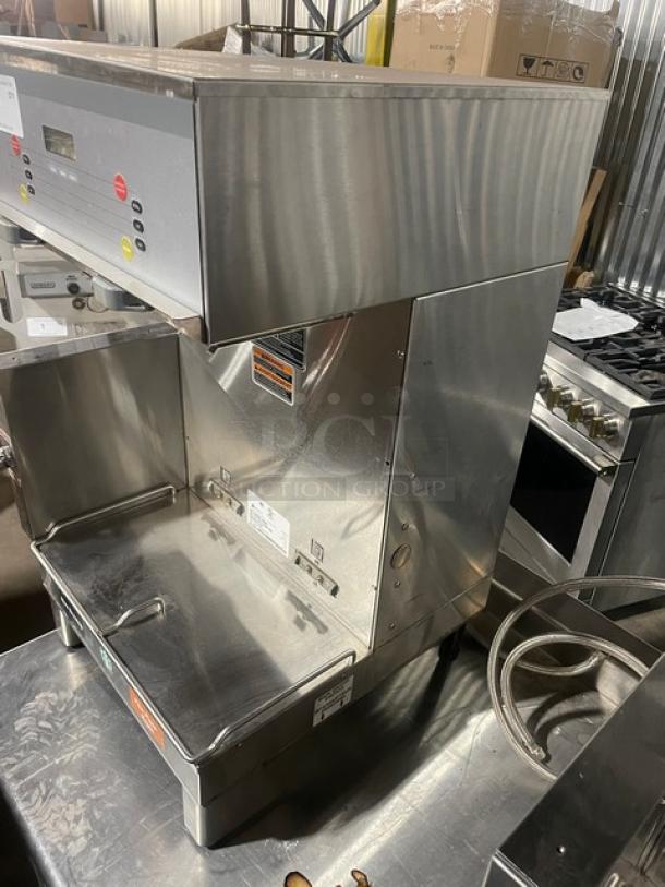 Bunn DUALSHDBC commercial stainless steel dual coffee brewer, countertop model, 120/208V, excellent condition, visible controls.