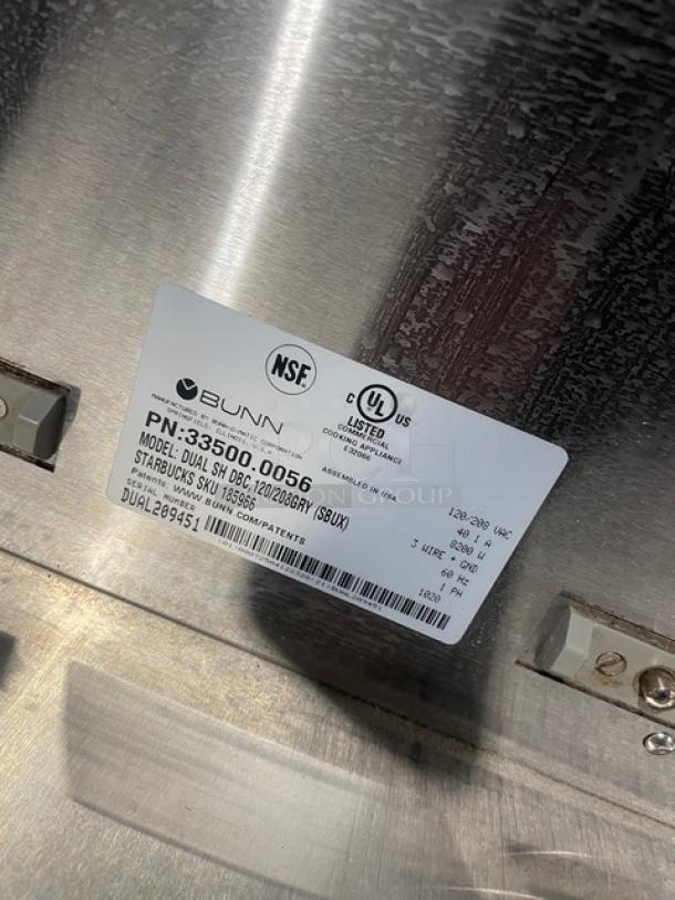 Bunn DUALSHDBC commercial stainless steel dual coffee brewer label with model and serial number, 120/208V, 1 Phase.