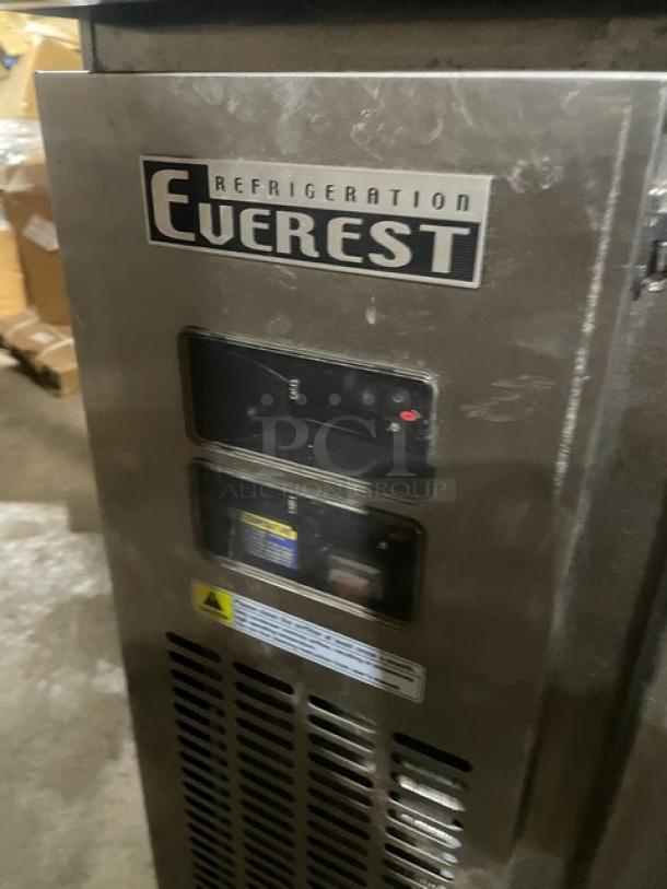 Everest Refrigeration ETRF3 stainless steel undercounter worktop table, with poly-coated rack, visible logo and controls.