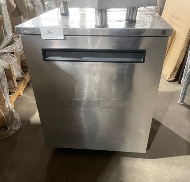 Delfield stainless steel undercounter refrigerator, model 406-STAR2, features poly coated wired rack; 115V, 1 phase.