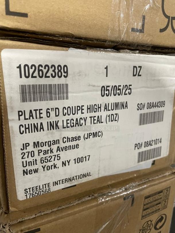 Steelite International Ink Legacy Teal 6" Coupe Plates, alumina-vitrified china, model 17650568, 1 dozen per case, new condition.