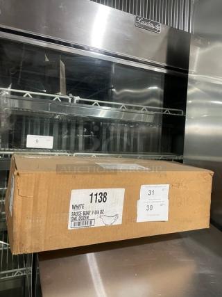 Cardboard box of 1 dozen new commercial white 7-3/4 oz. sauce/gravy boats, Model 1138, with product label visible.