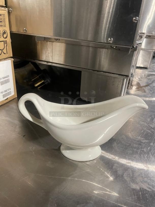 New commercial white sauce/gravy boat, 7-3/4 oz, Model 1138, porcelain, pristine condition. 1-dozen per case.