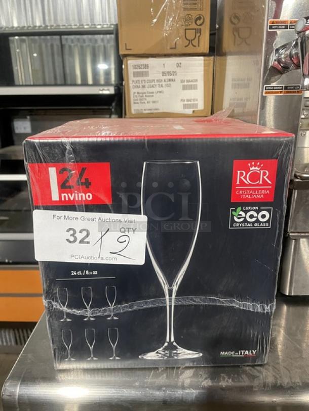 Box of RCR Cristalleria Italiana Invino-24 Luxion Eco-Crystal Glass Champagne Flutes, 8 oz, 6 per case, new condition.