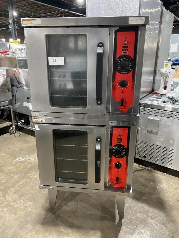 Vulcan Commercial Stainless Steel Double Convection Oven, gas-powered, with wired rack, on legs, model tags visible.