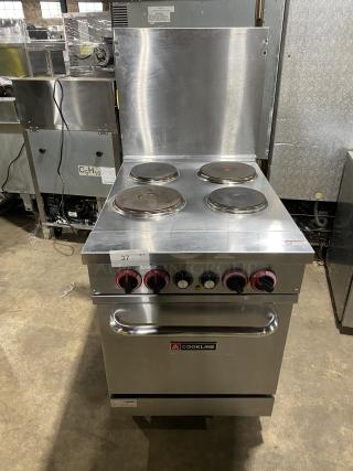 Cookline ER24-208 commercial 4-burner stainless steel range/oven combo with backsplash, wired oven rack, and legs. 208V.