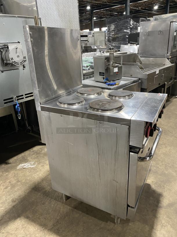 Cookline ER24208 stainless steel 4-burner electric range/oven combo, with backsplash and wired oven rack, on legs, 208V.