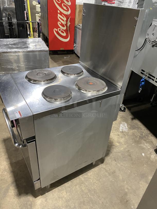 Cookline ER24-208 stainless steel 4-burner range/oven combo with backsplash, wired oven rack, on legs. 208V. Serial: 2305045205.