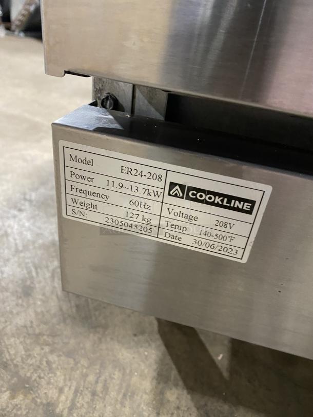 Cookline ER24-208 commercial range/oven, stainless steel, 4-burner, 208V, electric, with backsplash, model info visible.