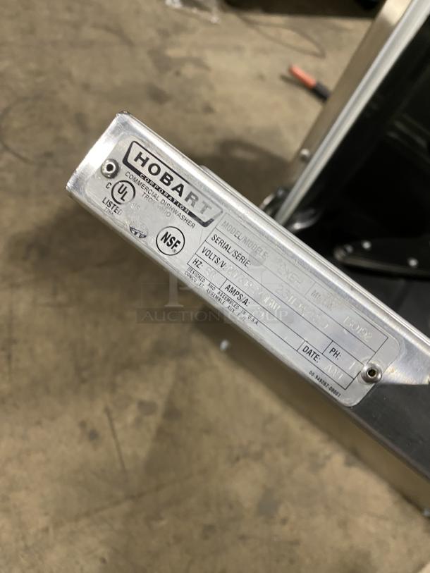 Hobart LXEH high-temp dishwasher label, showing model and serial info. Stainless steel, 120/208V, 1 phase.