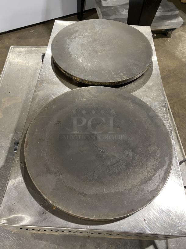 Commercial stainless steel electric countertop double crepe maker, Model DE-2, 110V. Shows some surface wear, robust build.