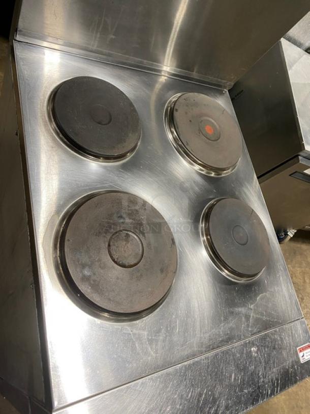 Cookline Stainless Steel 4-Burner Electric Range/Oven Combo, Model ER24-208. Features backsplash and wired oven rack.