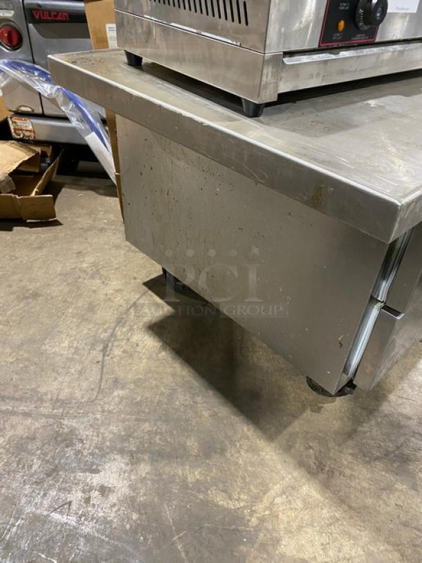 Beverage-Air stainless steel 2-drawer refrigerated chef base, Model WTRCS36-1-48, on casters with oversized worktop.