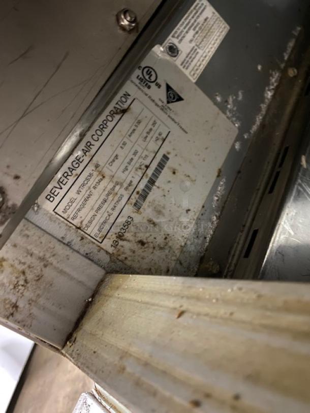 Beverage-Air model WTRCS36148 label showing serial number 13103583. Stainless steel, 115V, 1 Phase, on casters.