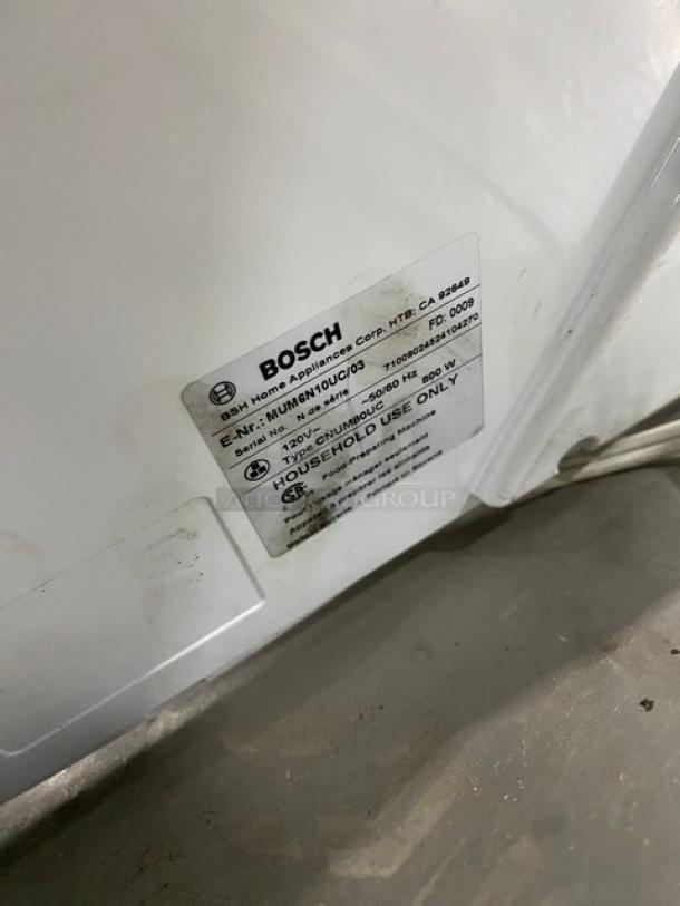 Bosch Commercial White Stand Mixer/Food Processor, Model MUM6N10UC/03, 120V, electric powered, with visible label.