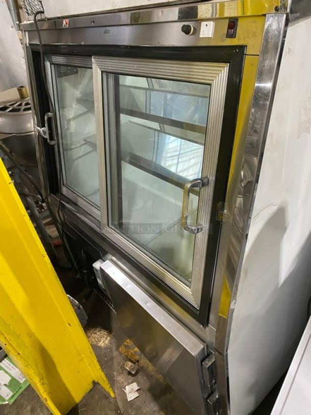 Custom Cool DEL4SC stainless steel refrigerated deli display case with slanted glass, rear sliding doors, lower storage. Model: DEL4SC.