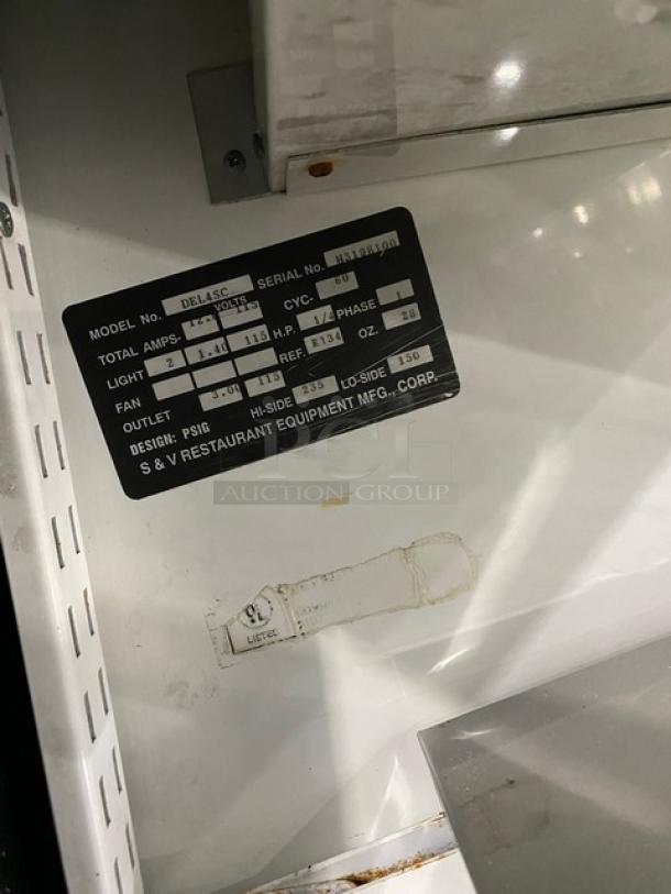 Custom Cool DEL4SC stainless steel refrigerated deli display case, 48", with slanted glass, double glass sliding doors, and storage.