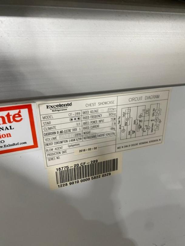 2018 Excelente CF-289 Curved Top Ice Cream Merchandiser, model details and circuit diagram shown, 115V, on casters.