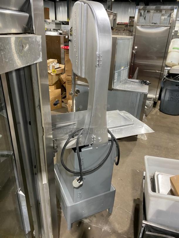 Butcher Boy B16 meat band saw, electric, freestanding, stainless steel worktop, 208V 3-phase, on legs, Model: B16 SN: 6-8427.