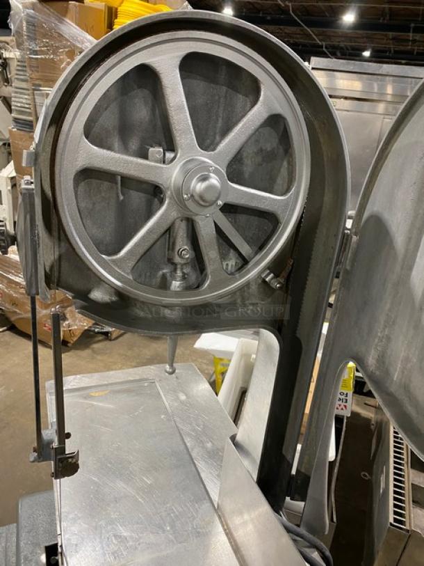 Butcher Boy B16 commercial meat band saw with stainless steel worktop, 208V 3-phase, on legs, model SN: 6-8427.