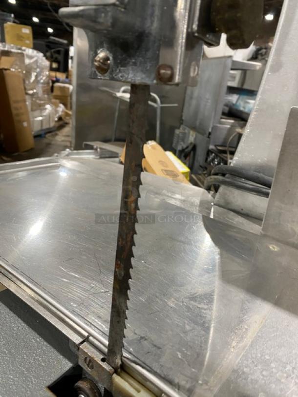 Butcher Boy B16 meat band saw, electric-powered, stainless steel worktop, freestanding, model B16, 208V 3-phase, on legs.