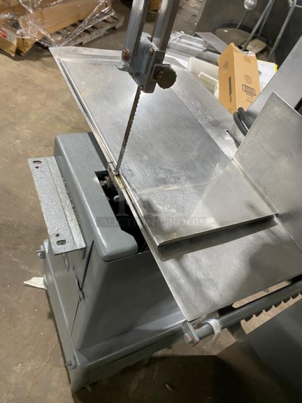 Butcher Boy B16 meat band saw, stainless steel worktop, commercial electric, free-standing, 208V 3-phase, on legs.