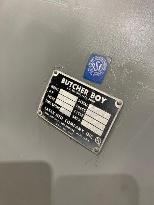 Butcher Boy B16 commercial meat band saw, electric-powered, stainless steel worktop, serial number 6-8427, 208V 3-phase.