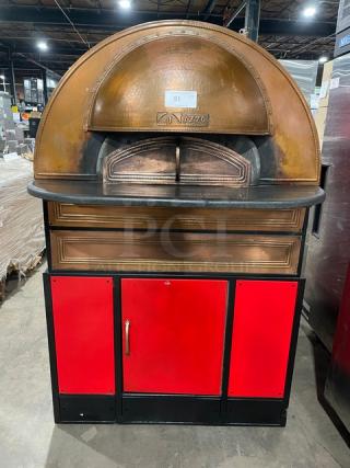 Izzo Forni red dome-style electric pizza oven with wooden paddle, commercial-grade, features durable construction and sleek design.